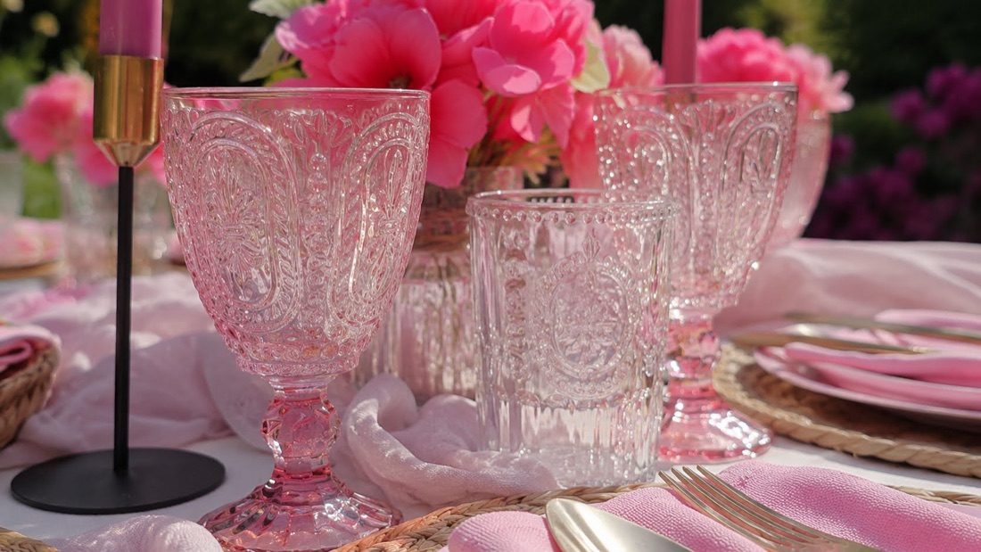 Detail eines gedeckten Tisches mit rosé Gläsern