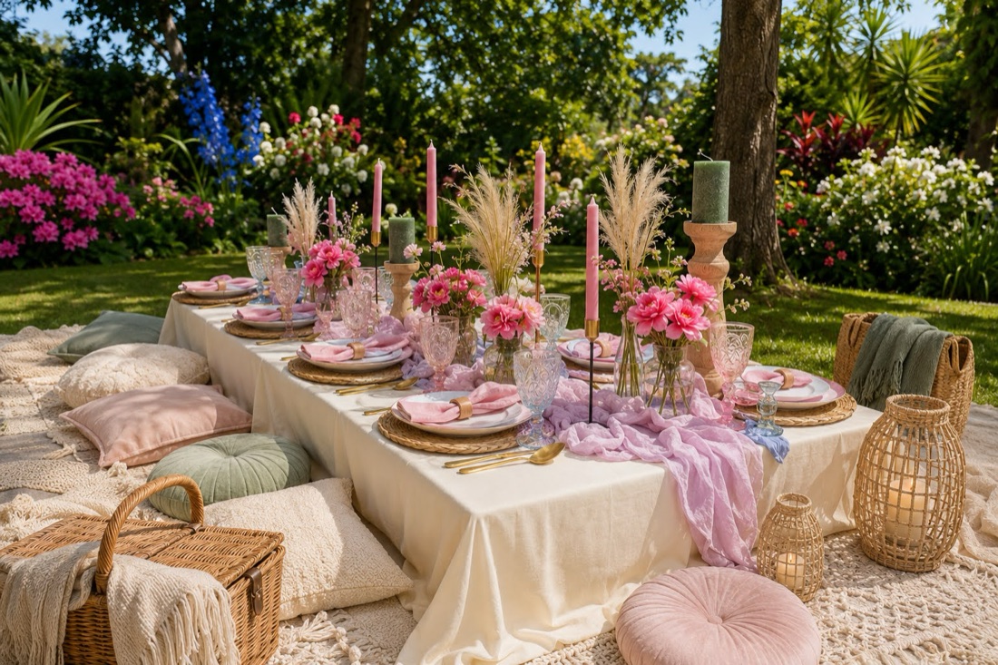 Lange Tafel im Garten mit Blick aufs Meer
